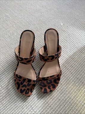 Stuart Weitzman Leopard Print Open-Toe Heels in Brown and Black